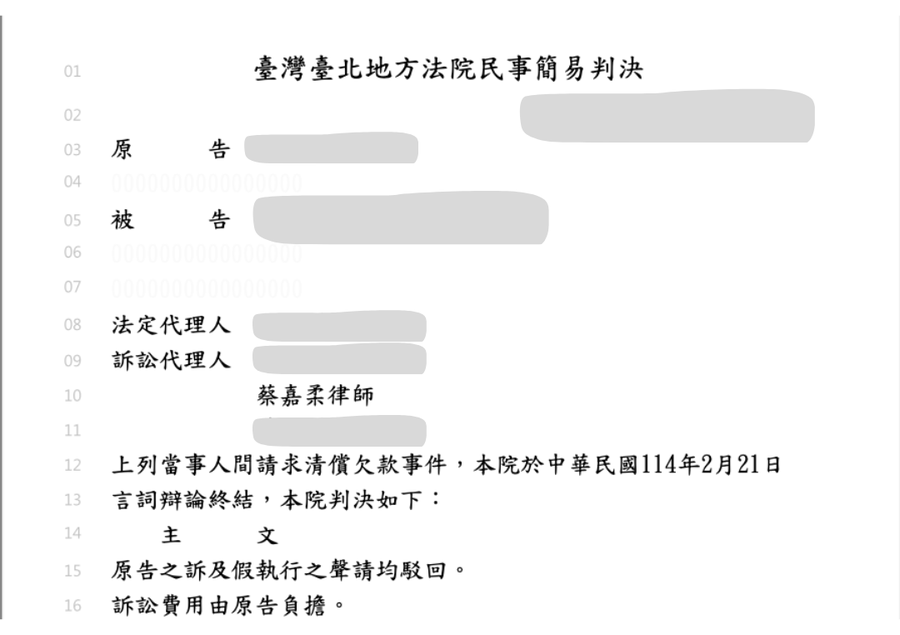 請求清償借款 — 勝訴判決文書(當事人資訊已遮蔽)